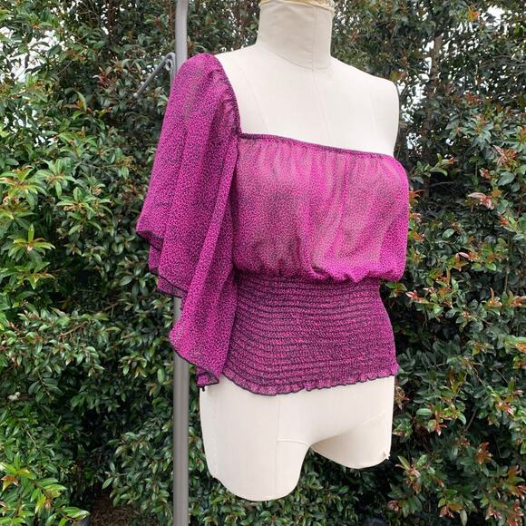 Vintage Y2K Must Have Purple Black Off Shoulder Animal Print Top USA Made Large - Picture 1 of 7